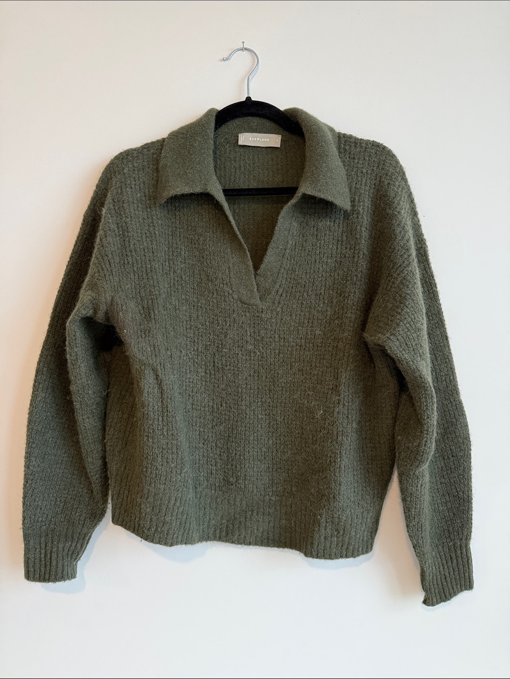Everlane Olive Green Collared V-Neck Sweater